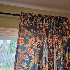 Six 52x84 Botanical Peacock Curtain Panels in French Blue and Coral Accents